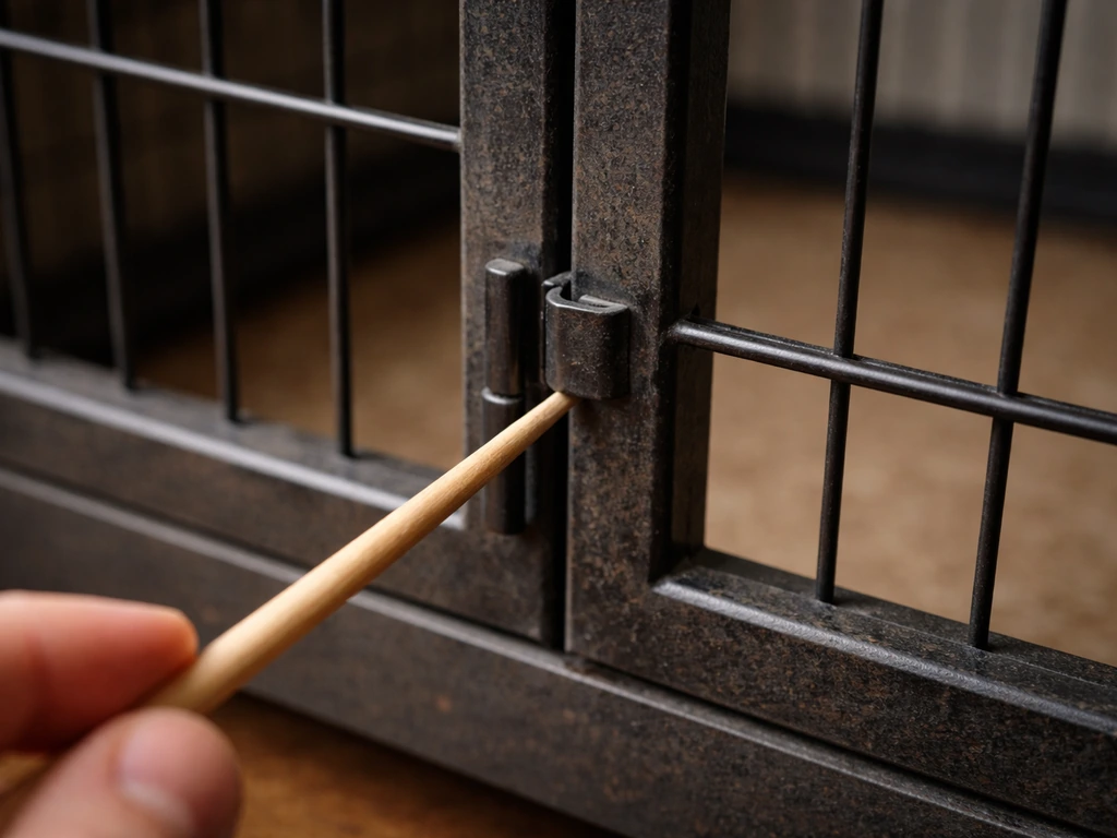 Close-up of a thin wooden dowel probing a small gap at a cage door latch area