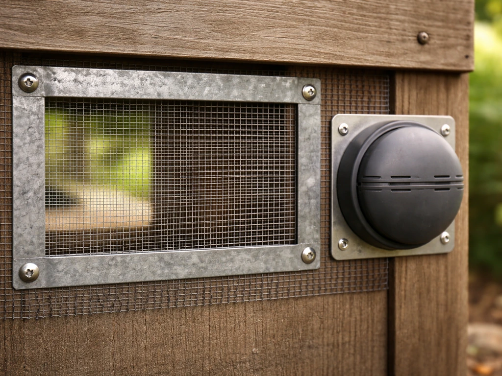 Close-up of a simple mesh barrier and two-piece port cover protecting a feeding opening while keeping airflow.