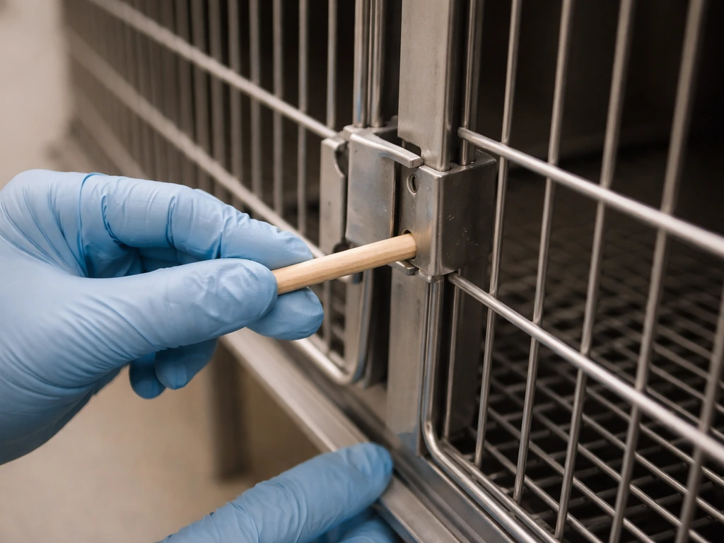 Gloved hands pressing a small dowel tip along cage seams and a latch corner for a gap test.