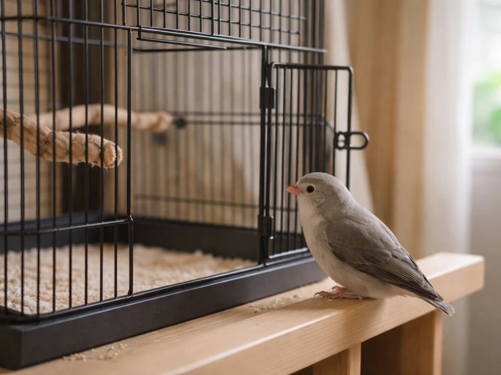 Calm pet bird perched near the open door of a new cage during a gentle, safe transfer.