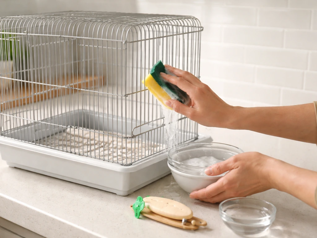 Person rinsing and wiping a new bird cage with bird-safe soap; cage accessories placed nearby.
