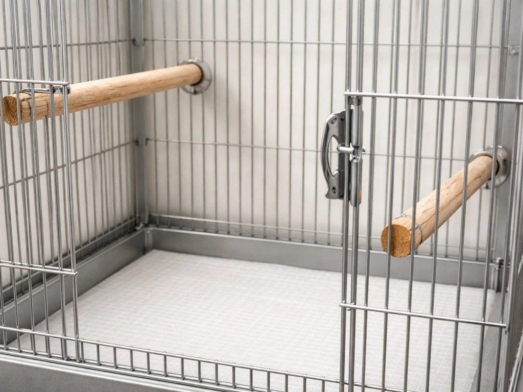 Close-up of a birdcage interior showing bar spacing and perches mounted and ready for transfer.