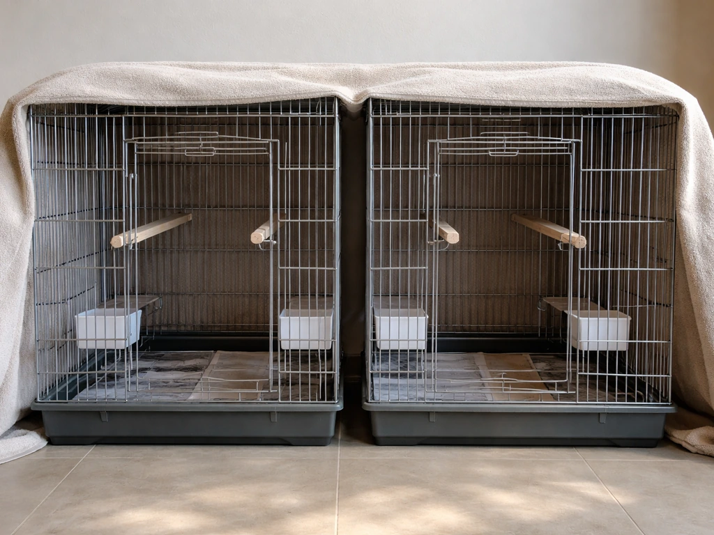 Two bird cages side-by-side with doors aligned and a towel draped over them, door area left uncovered.