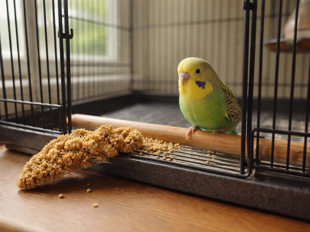 Small pet bird near spray millet inside a new cage doorway to encourage it to enter