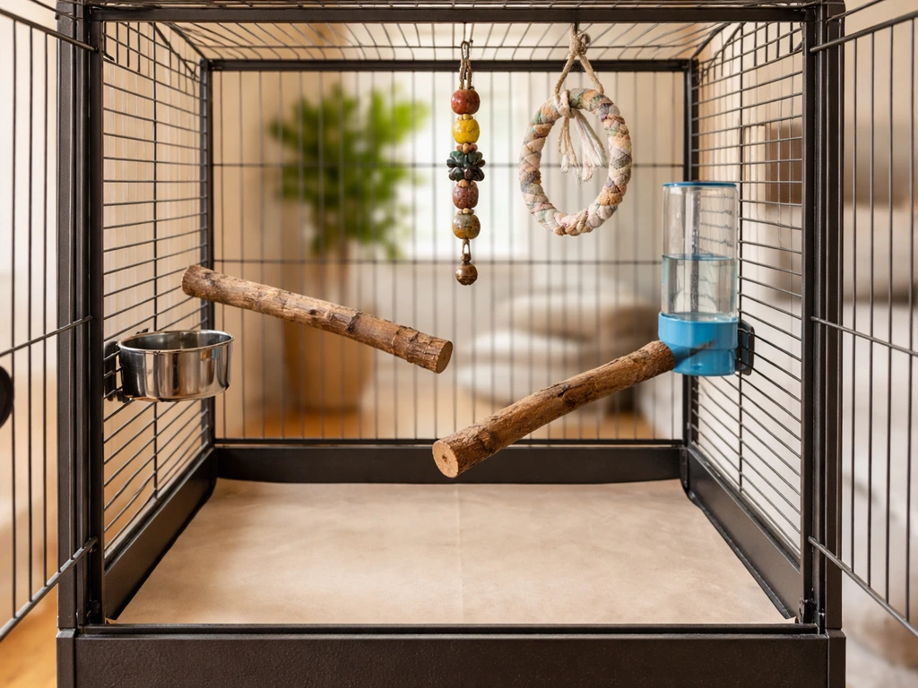 Finished conure bird cage setup with perches, food and water stations, liner, and a couple of toys.