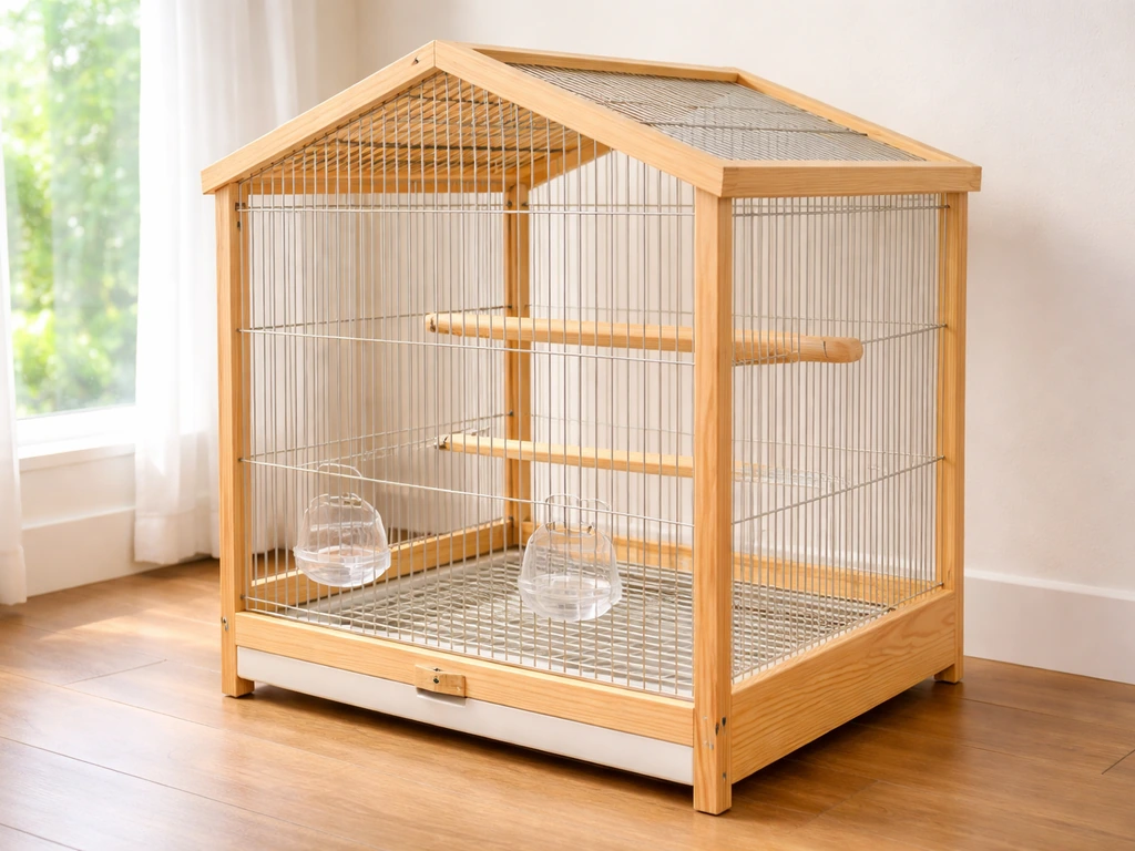 Finished DIY parakeet cage with natural-wood frame, safe bars, and interior perches in bright natural light.