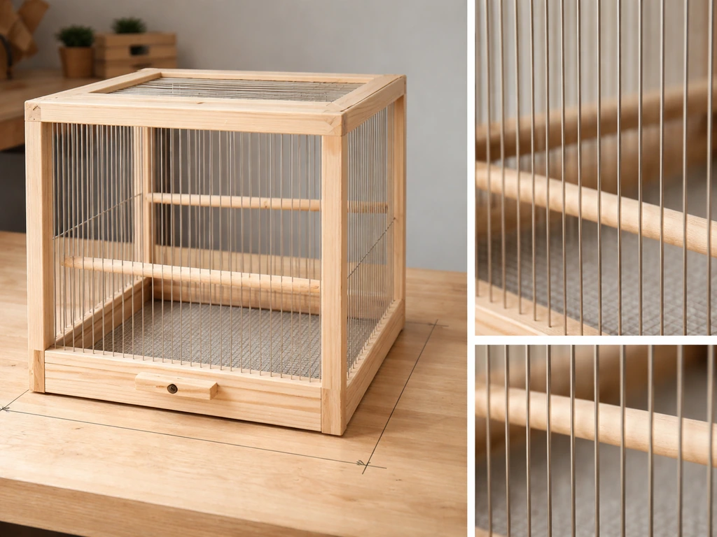 Minimal parakeet cage example with evenly spaced bars and horizontal layout emphasis in a simple indoor setting.
