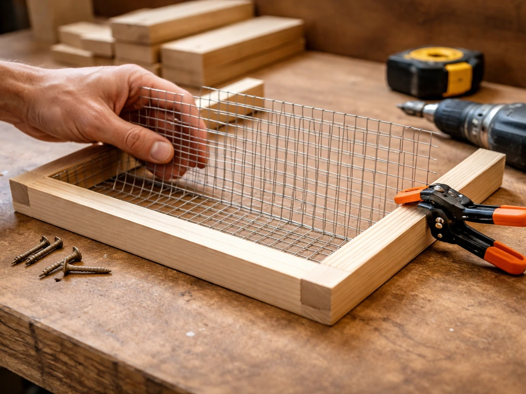 Hands clamp and fasten wire mesh onto a simple pine frame on a DIY workbench.