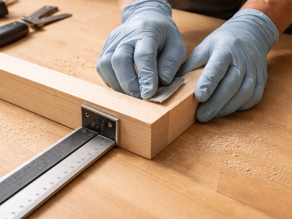 Hands sanding smooth wood and using a carpenter’s square to check squareness before mounting mesh