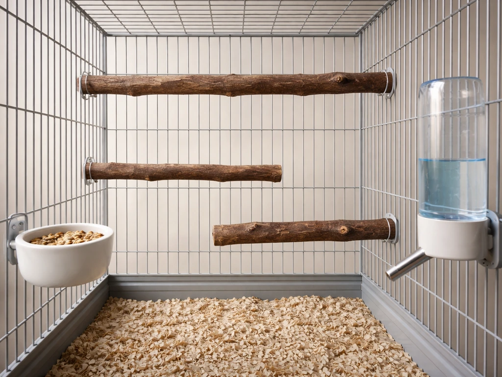 Minimal parakeet cage interior with multiple perch diameters at different heights, plus feeder and water