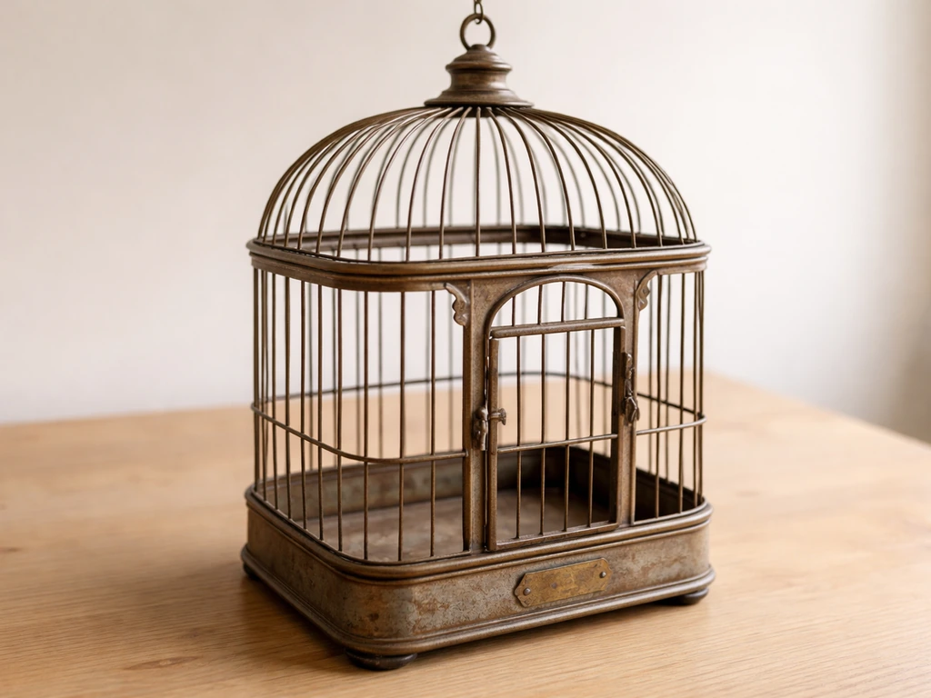 Vintage wrought metal bird cage on a tabletop, showing door latch and base details for identification.