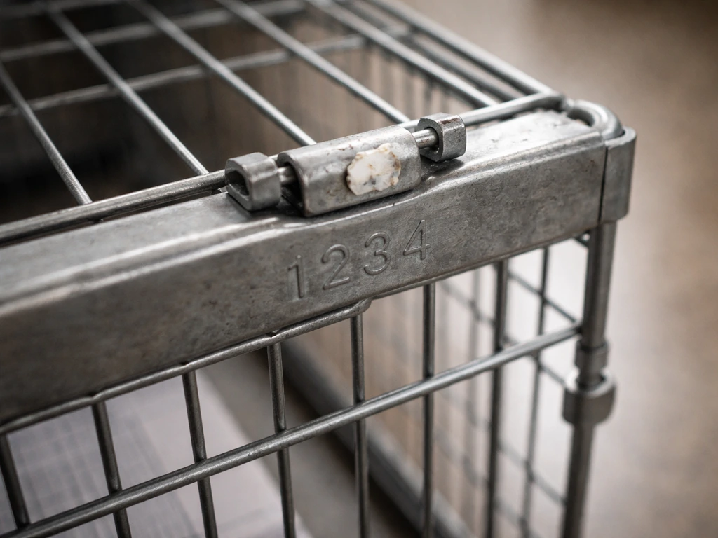 Close-up of an anonymous metal cage frame showing molded numbers and a small sticker near a latch
