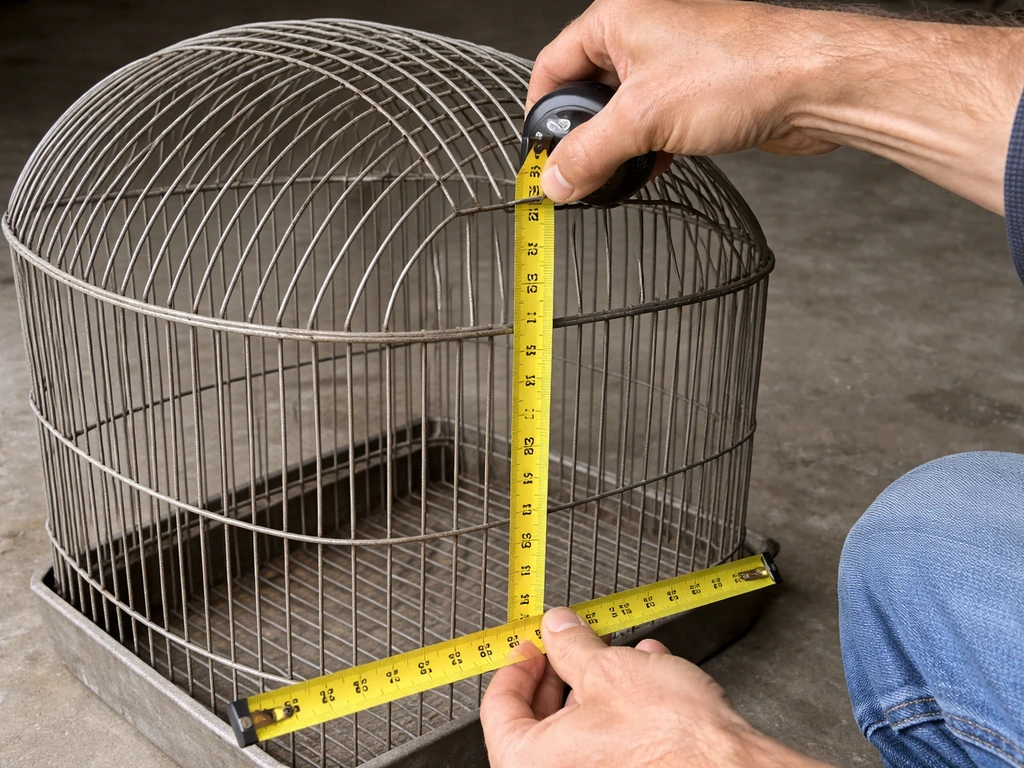 Hands measuring the height of a wire cage with a tape measure in a simple workshop.