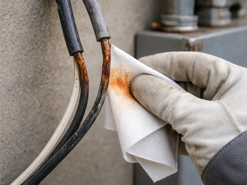 Technician wipes a corroded metal wire with a dry white cloth, showing orange-brown streaks from rust.