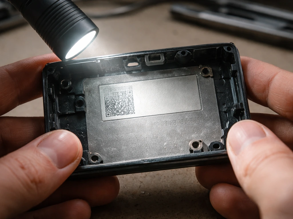 Close-up photo of a flashlight-lit label on a dismantled device, showing stamped markings for documentation