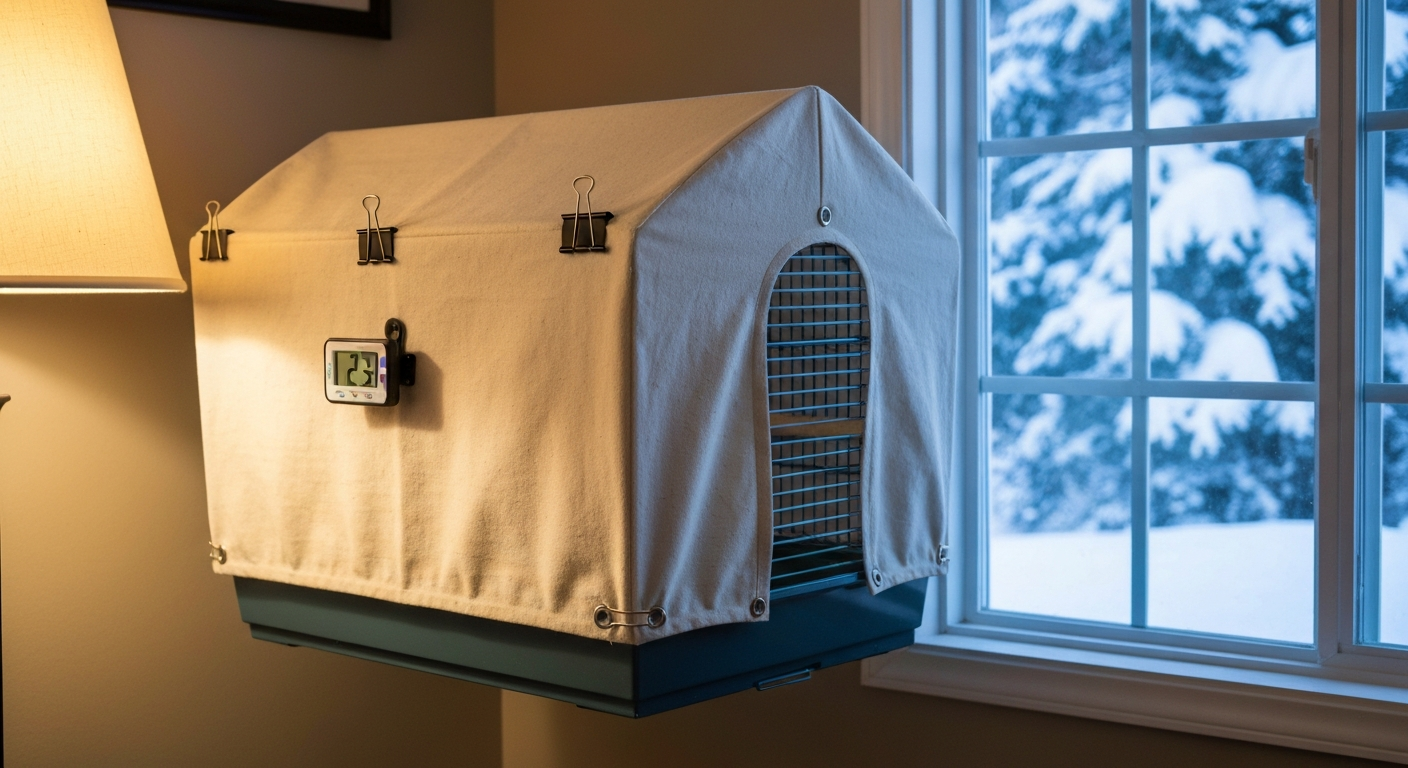 Bird cage in a cozy winter room covered with an unbleached cotton cover draped over three sides; front edge lifted 2–3 inches so a digital thermometer clipped at perch height is visible through the gap. Snow outside the window.