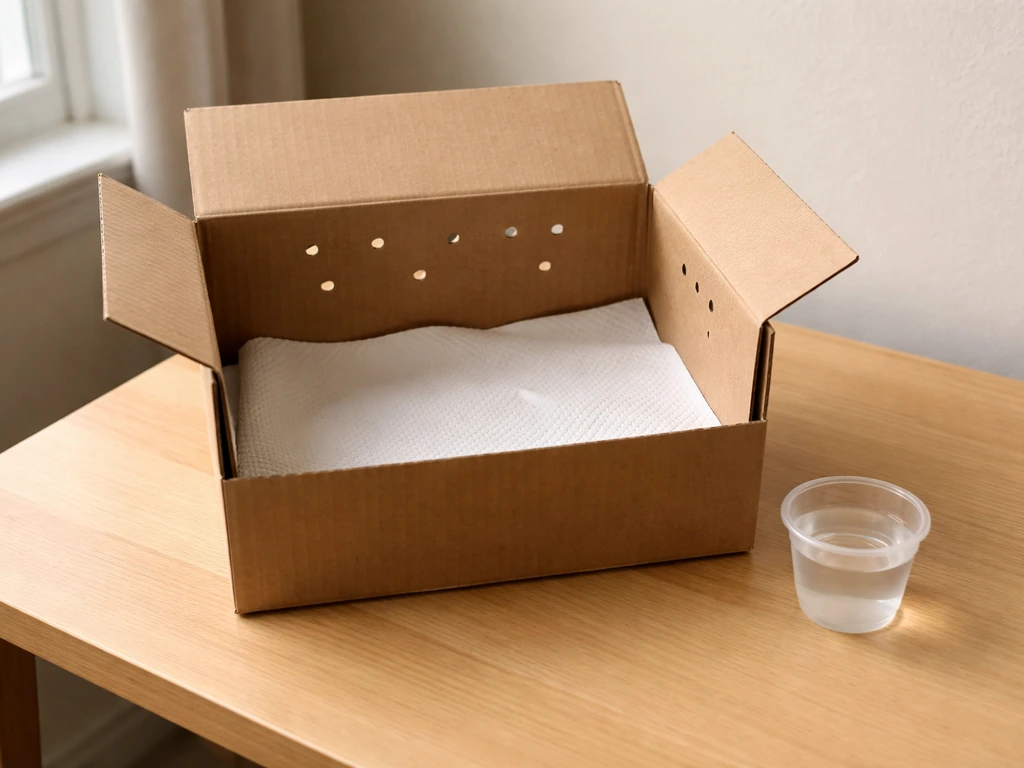 Empty ventilated cardboard rescue box with paper towel lining on a table for safe temporary containment