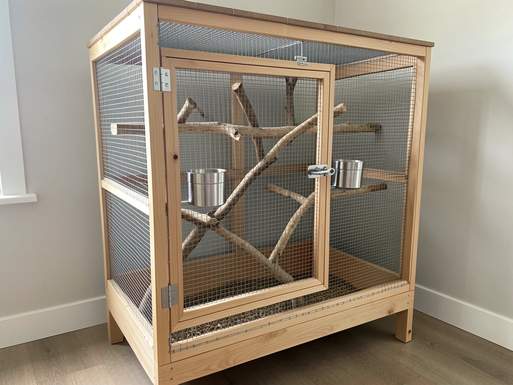 Cabinet converted into a safe bird cage with wire mesh panels, ventilated top, and secure doors