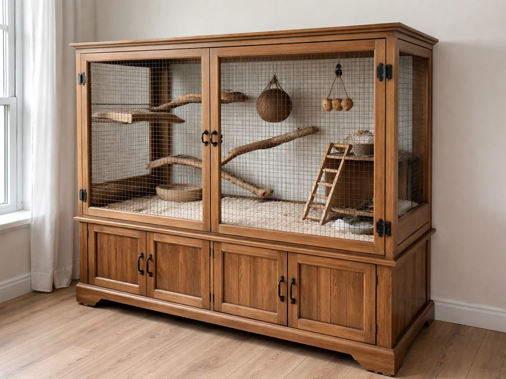 Wide view of a wooden hutch converted into a bird cage with secure wire enclosure and ventilated door.