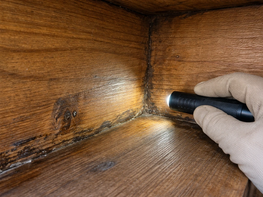 Close-up of a gloved hand inspecting an old wooden hutch surface for stains, sealant, or peeling paint.