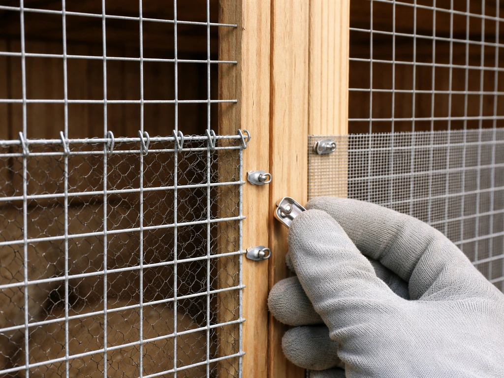 Close-up inspection of galvanized wire panel and smoother bird-safe metal fasteners on a rabbit hutch.