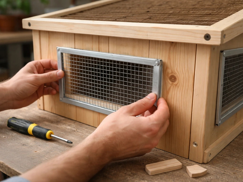 Hands fitting a mesh panel into a newly cut ventilation opening on a wooden bird hutch.