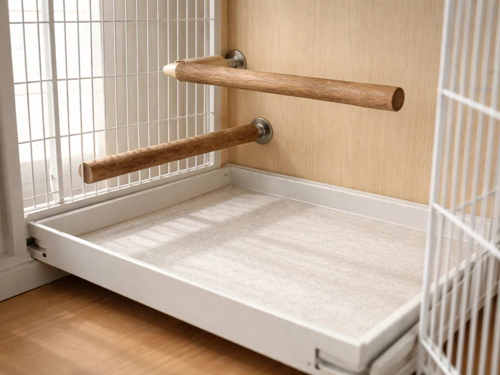 Bird hutch interior showing bird-safe perches and a removable cleaning tray