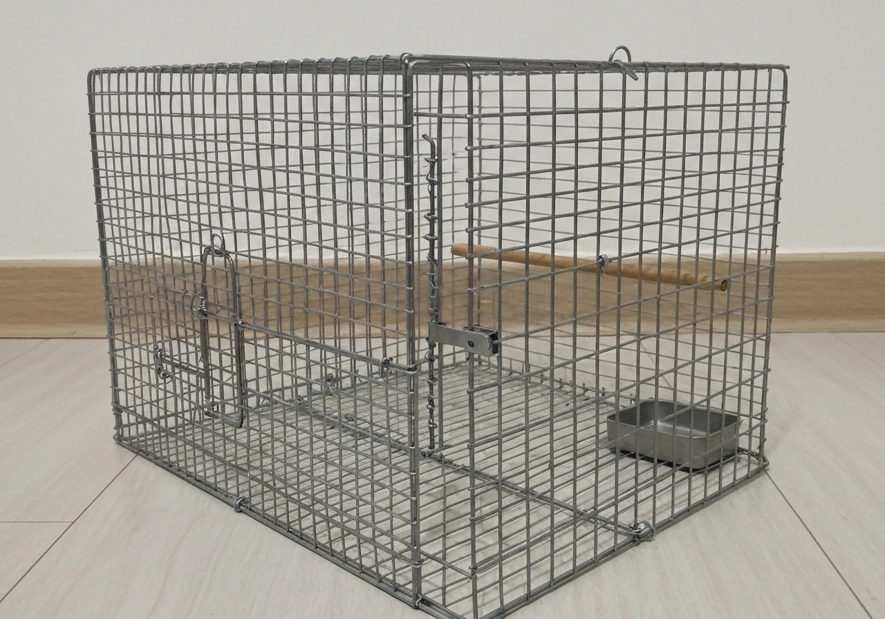 Humane bird trap cage indoors with visible secure door/trigger, smooth edges, and no sharp wire.