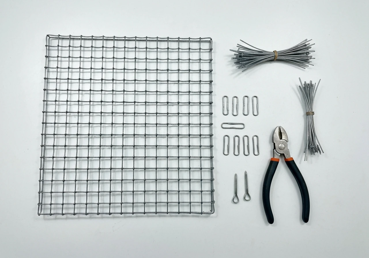 Overhead view of welded wire mesh, clips, and wire cutters on a clean workbench for a DIY bird cage.