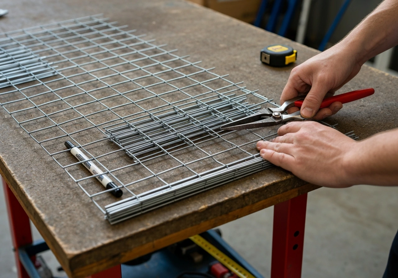 Hands cut welded wire mesh panels on a workbench with aviation snips; marker and tape measure nearby.
