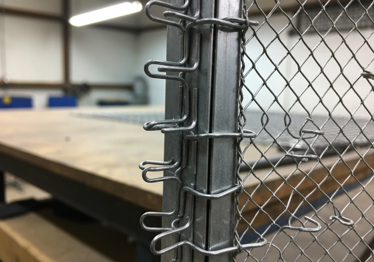 Close-up of J-clips securing mesh cage panels at a seam with evenly spaced fasteners.