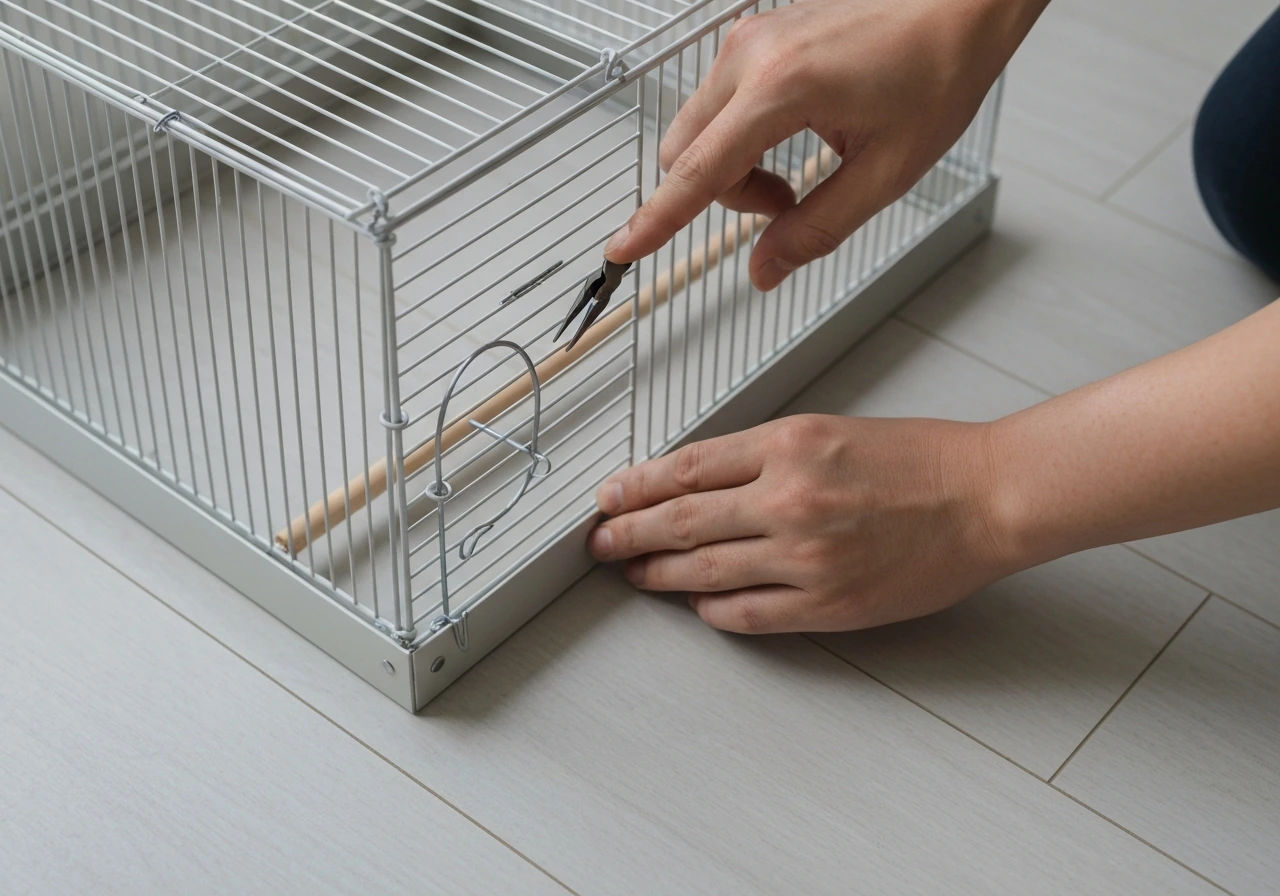 Hands inspecting a bird cage seam and mesh for gaps and sharp inward-pointing wire ends.