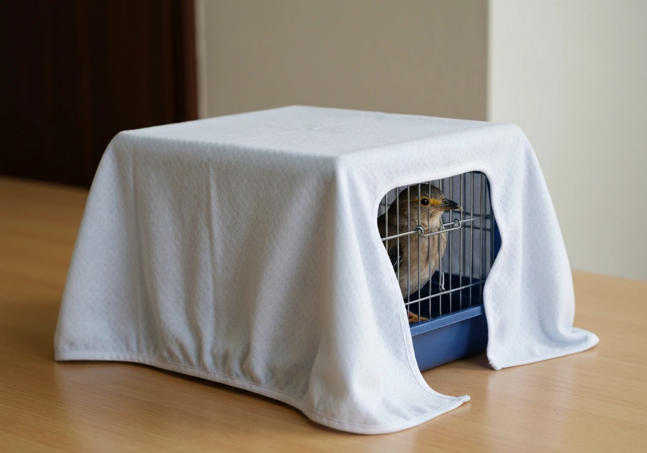Injured wild bird inside a ventilated covered container, partially covered with a breathable cloth.