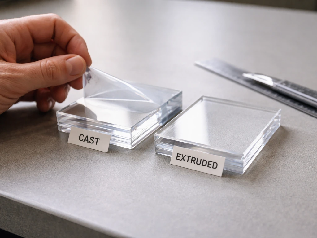 Close-up of cast acrylic sample sheets being selected over extruded acrylic in a workbench setting.