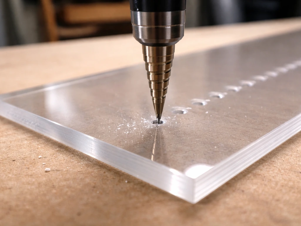 Clear acrylic panel on a workbench with a drill bit creating ventilation holes.