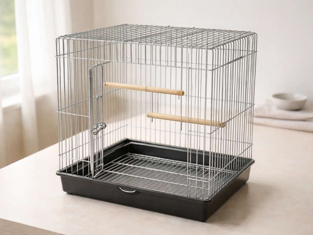 Empty bird cage on a clean table with tray, perches, and door visible for setup