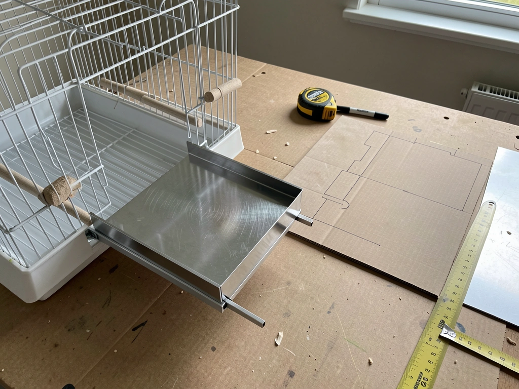DIY bird cage tray being measured, cut, and test-fitted under the cage