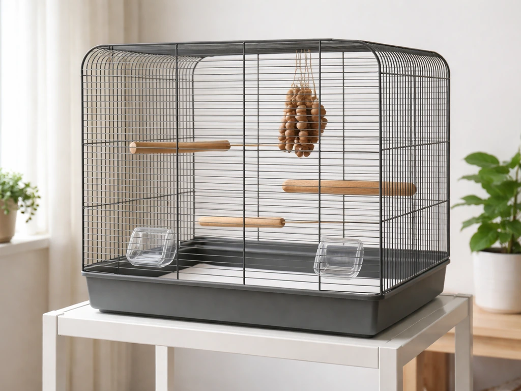 Clean, well-styled bird cage with fresh liner and neatly arranged perches in a bright room.