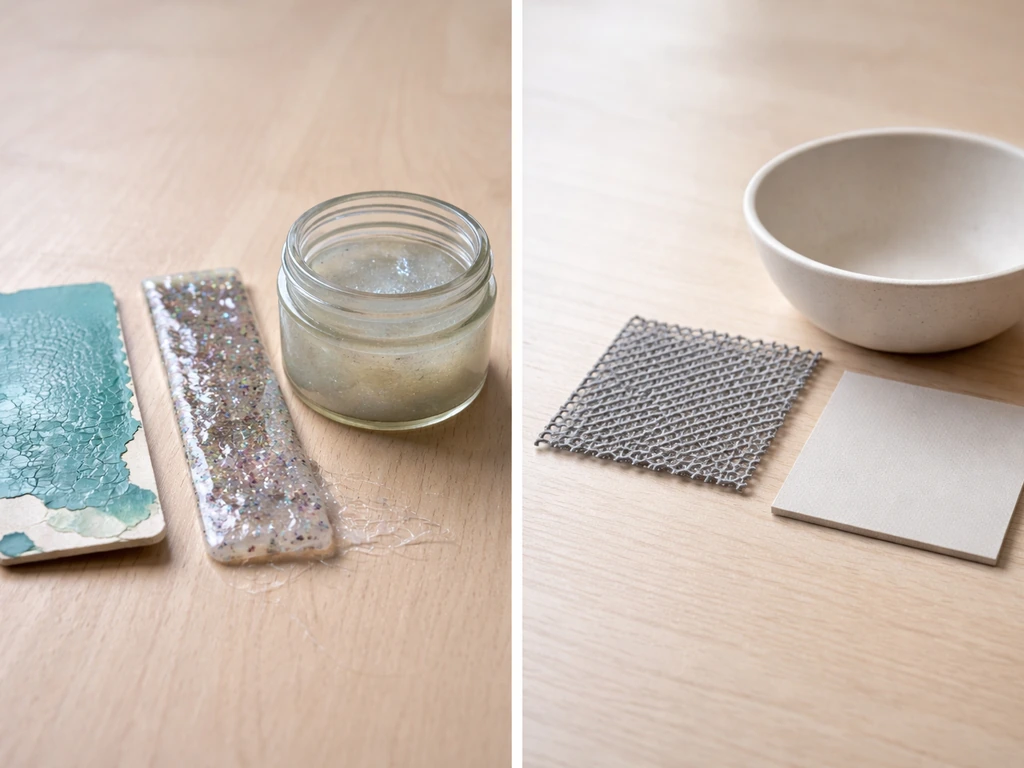 Close-up of unsafe-looking paint and sticky materials beside clean matte bird-safe metal and ceramic surfaces.