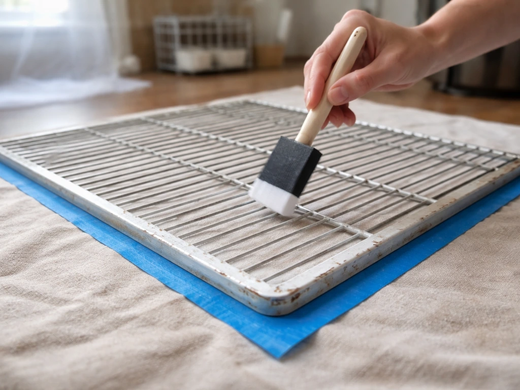 Hands brush bird-safe water-based paint onto a masked metal cage section on a drop cloth indoors.