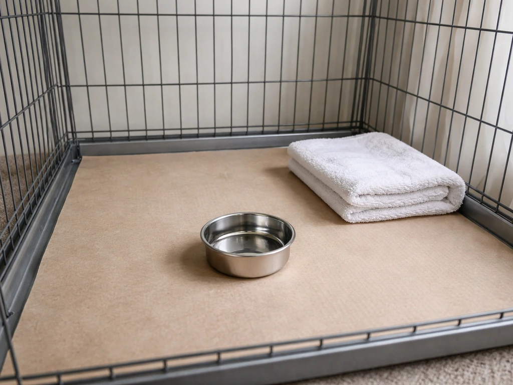 Empty pet cage interior with a smooth kraft paper liner and a neatly placed water dish and towel.