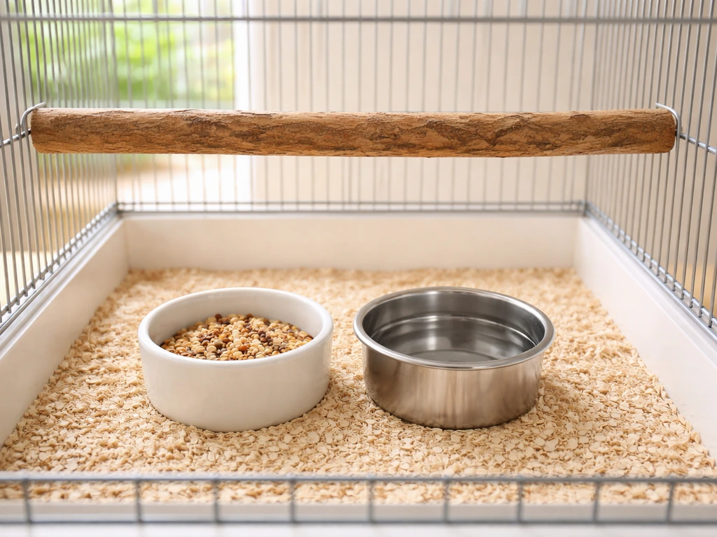 Two clean ceramic feeding dishes beside a quiet birdcage perch in soft natural light.