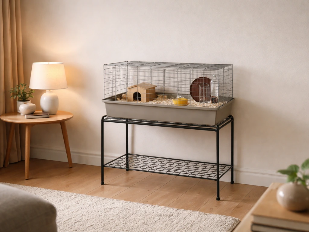 Small pet cage on a stand at eye level against a wall with tidy, coordinated decor and warm light.