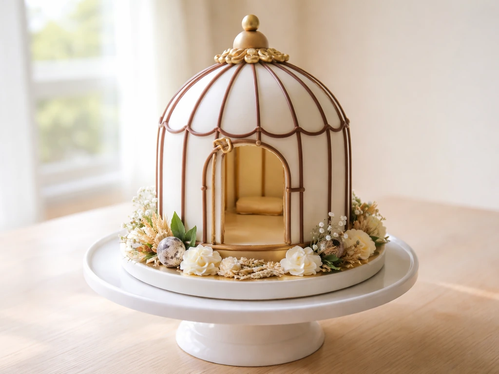 Complete bird cage cake on a serving stand with domed edible cage, chocolate bars, door, and perch details.