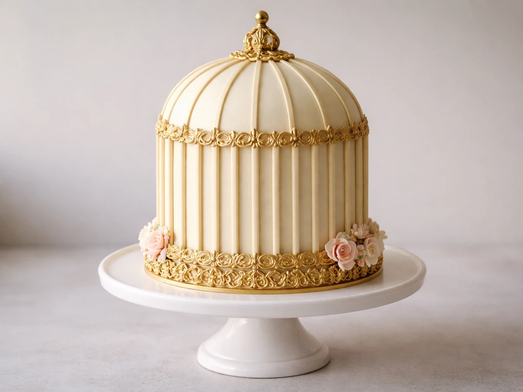 A domed Victorian-style bird cage cake on a simple stand with vertical bar details