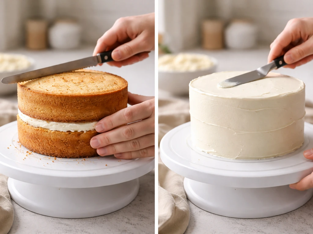 Hands leveling and stacking cake layers, then smoothing a glossy buttercream finish on a tiered cake