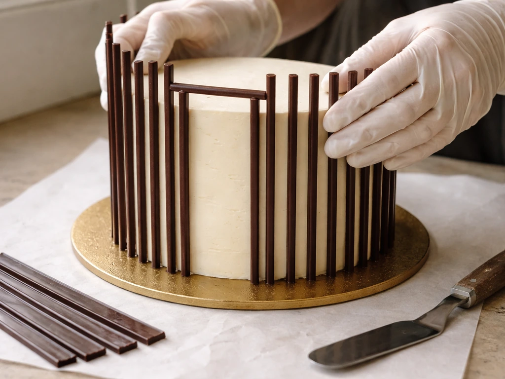 Gloved hands press vertical chocolate bars onto a cake with an open door gap visible.