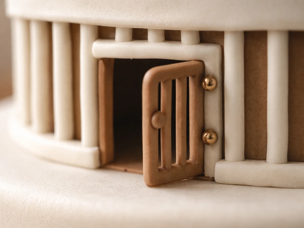 Close-up of a miniature cage door and rectangular opening in a fondant bar panel on a cake