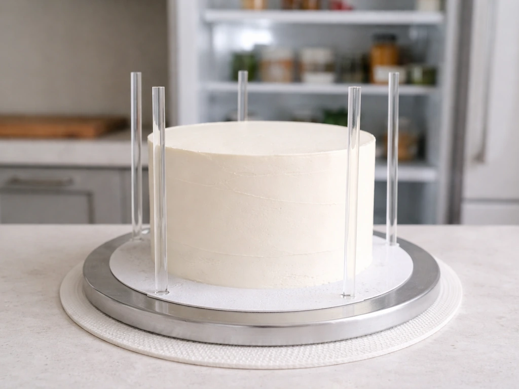 Frosted cake on a non-skid mat with cooling accessories nearby, ready for transport