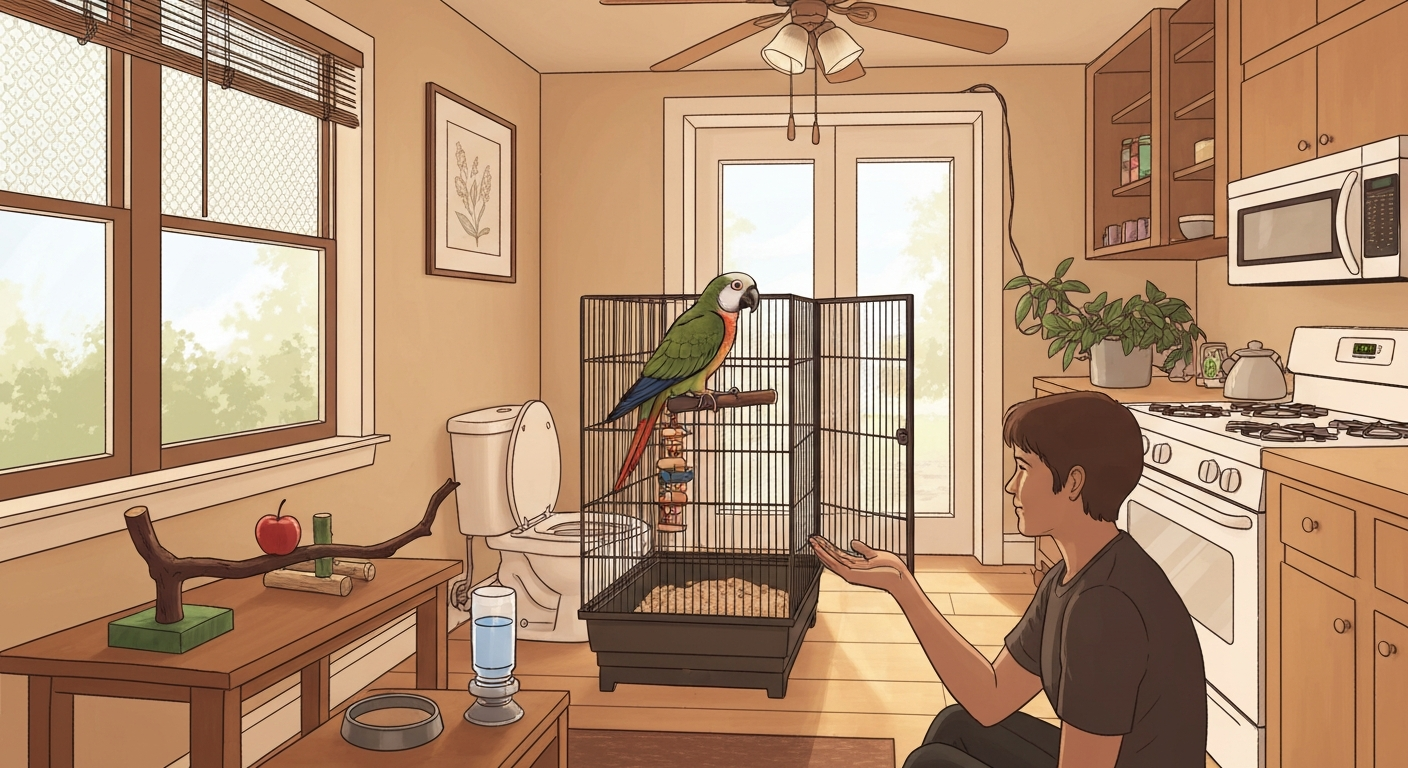Parrot perched on an open cage door in a bird-proofed room while a person supervises nearby, showing safe out-of-cage time.